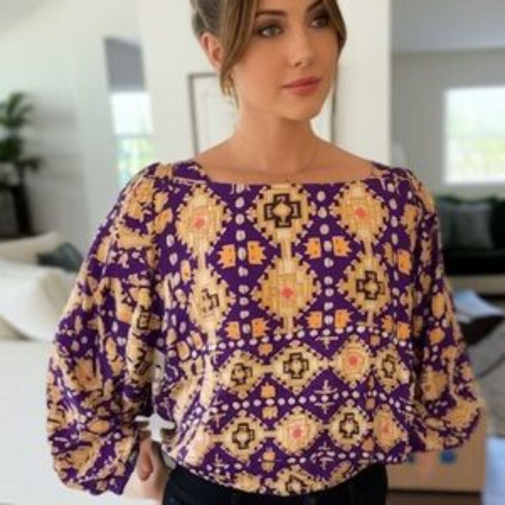 Ella Moss 100% Silk Purple Aztec Print Long Sleeve Blouse XS